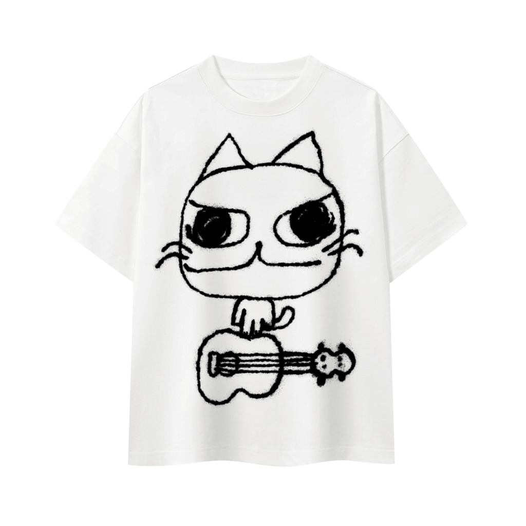 Big Attitude - Guitar Cat - Boxy Oversized T-Shirt - Marcello Velho