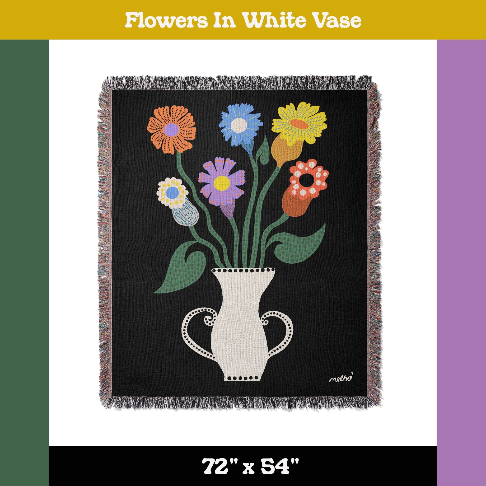 Flowers in White Vase woven blanket by artist Marcello Velho, featuring colorful floral illustration on black background.