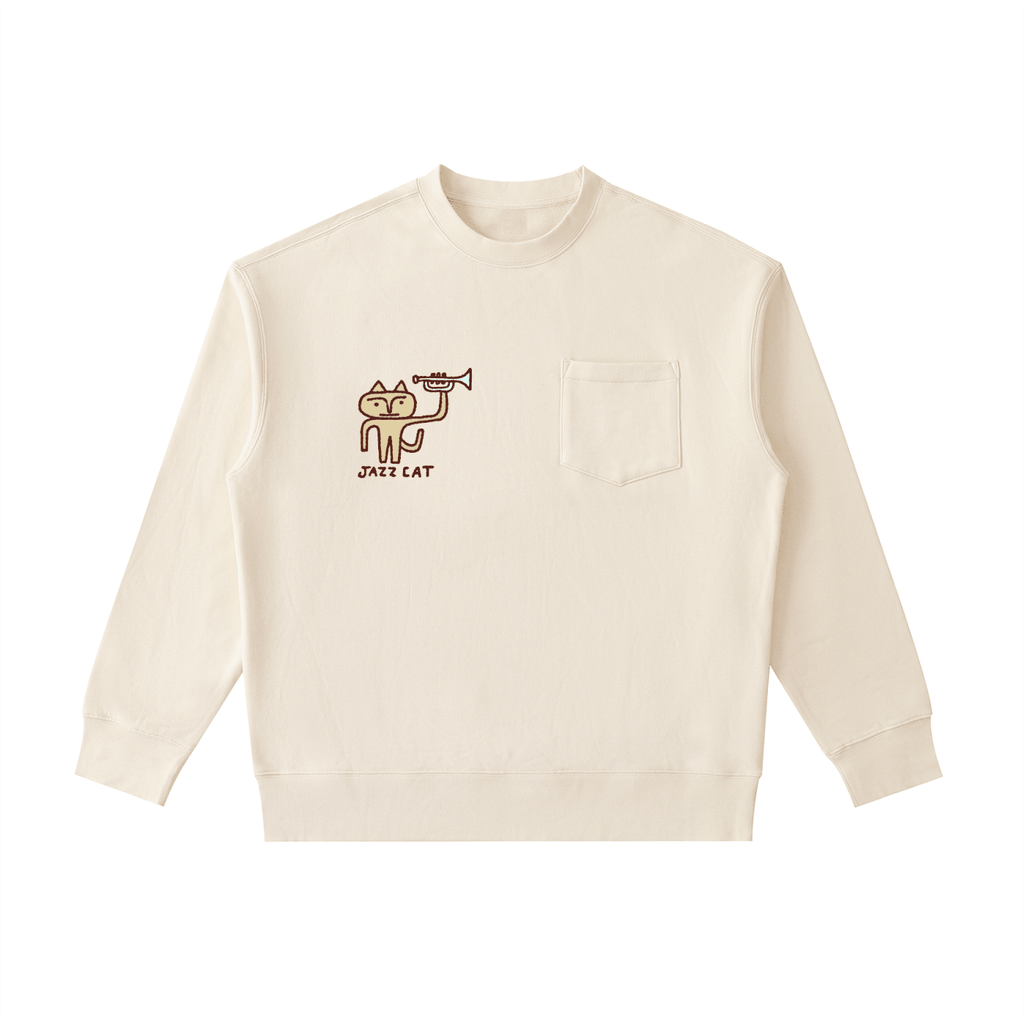 Jazz Cat - Hold it Up - Heavyweight Patch Pocket Crewneck Sweatshirt - Marcello Velho