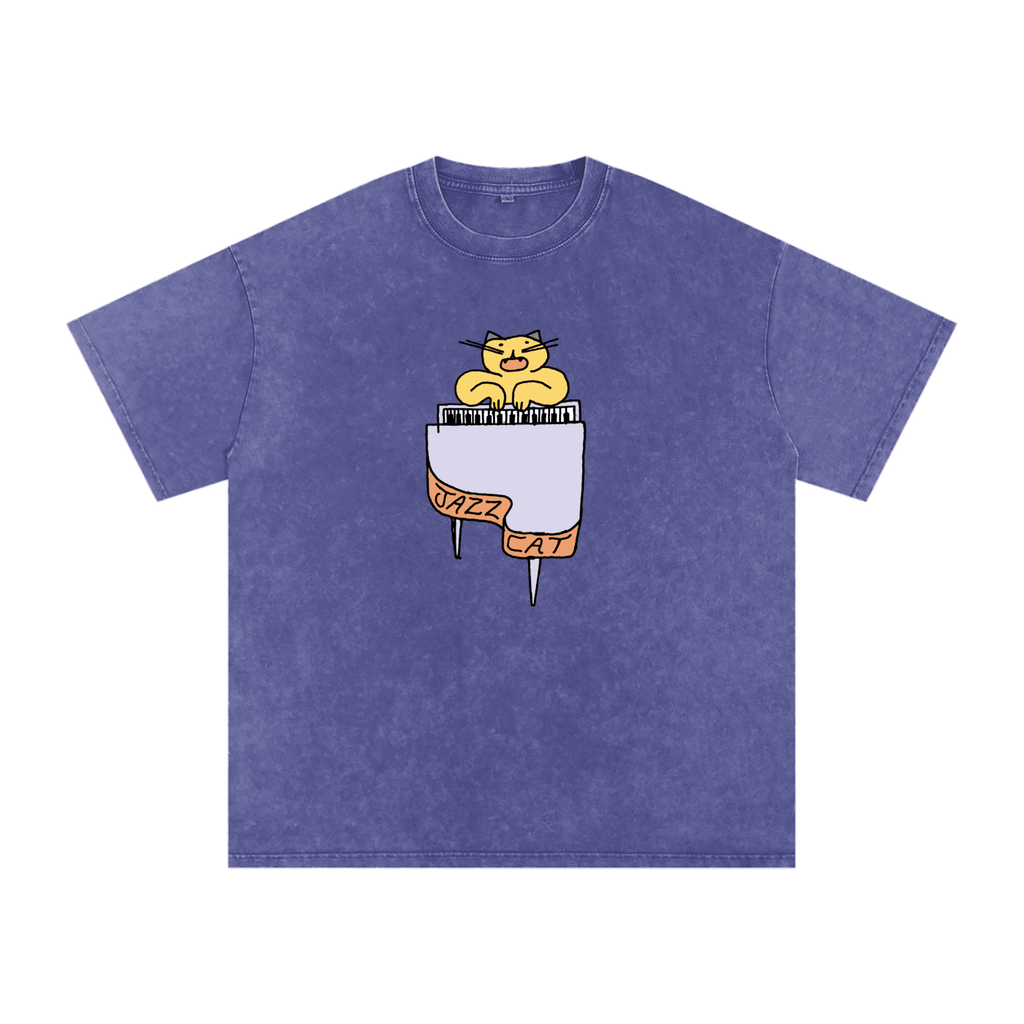 Jazz Cat - I can play the piano - Snow Washed Oversized Cotton T-Shirt - Marcello Velho