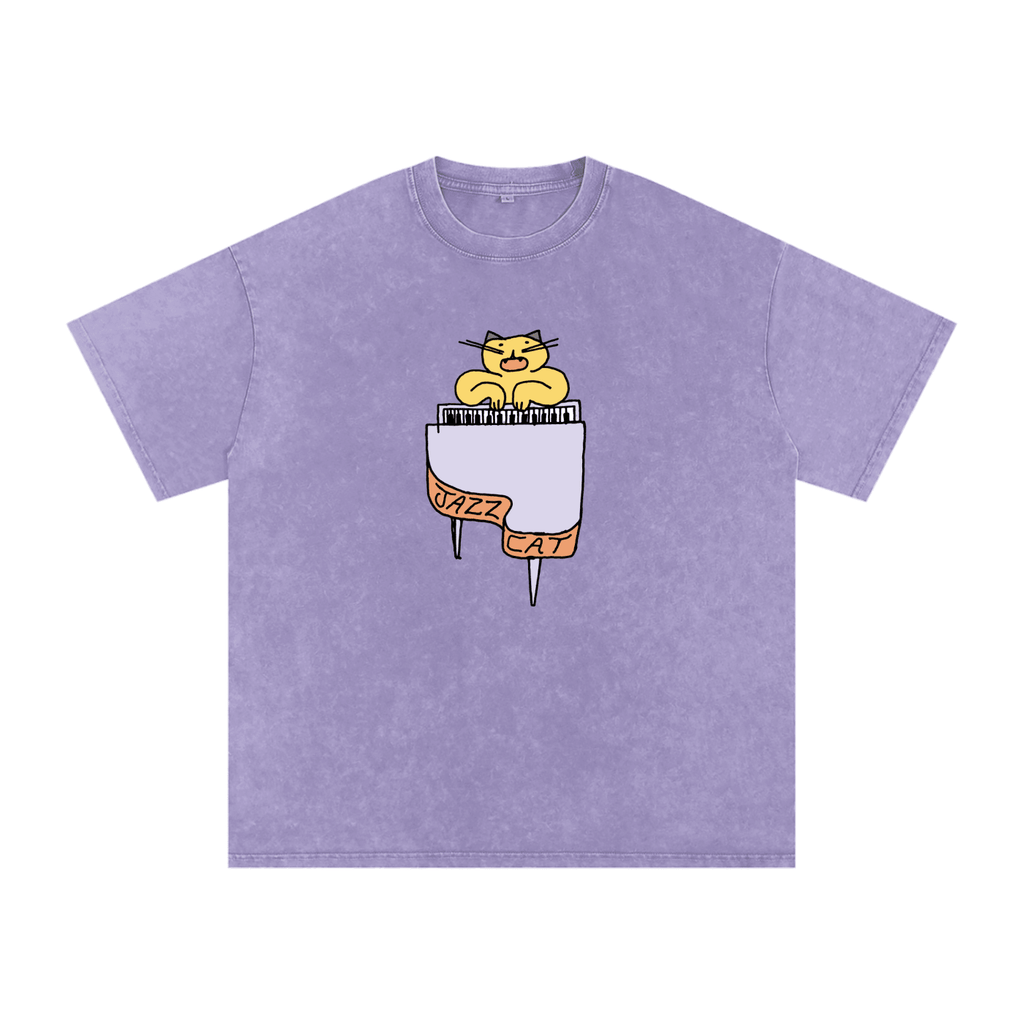 Jazz Cat - I can play the piano - Snow Washed Oversized Cotton T-Shirt - Marcello Velho