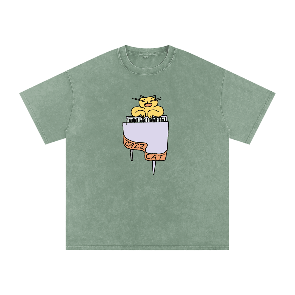 Jazz Cat - I can play the piano - Snow Washed Oversized Cotton T-Shirt - Marcello Velho