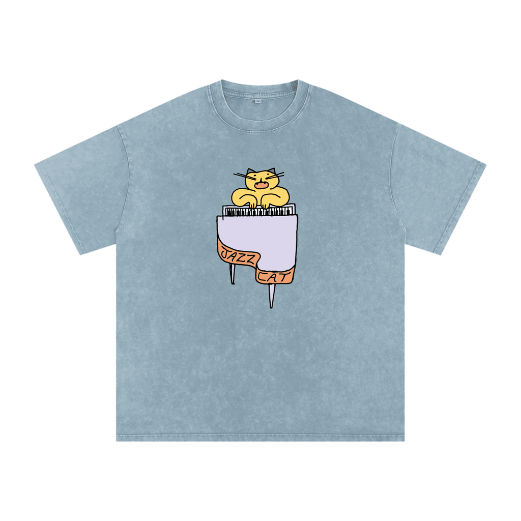 Jazz Cat - I can play the piano - Snow Washed Oversized Cotton T-Shirt - Marcello Velho