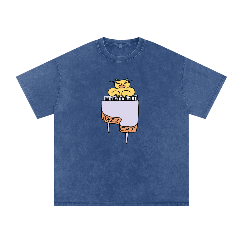 Jazz Cat - I can play the piano - Snow Washed Oversized Cotton T-Shirt - Marcello Velho