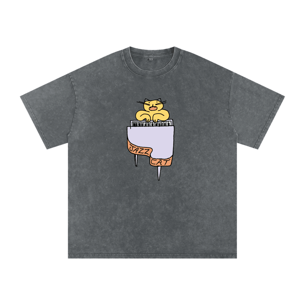 Jazz Cat - I can play the piano - Snow Washed Oversized Cotton T-Shirt - Marcello Velho