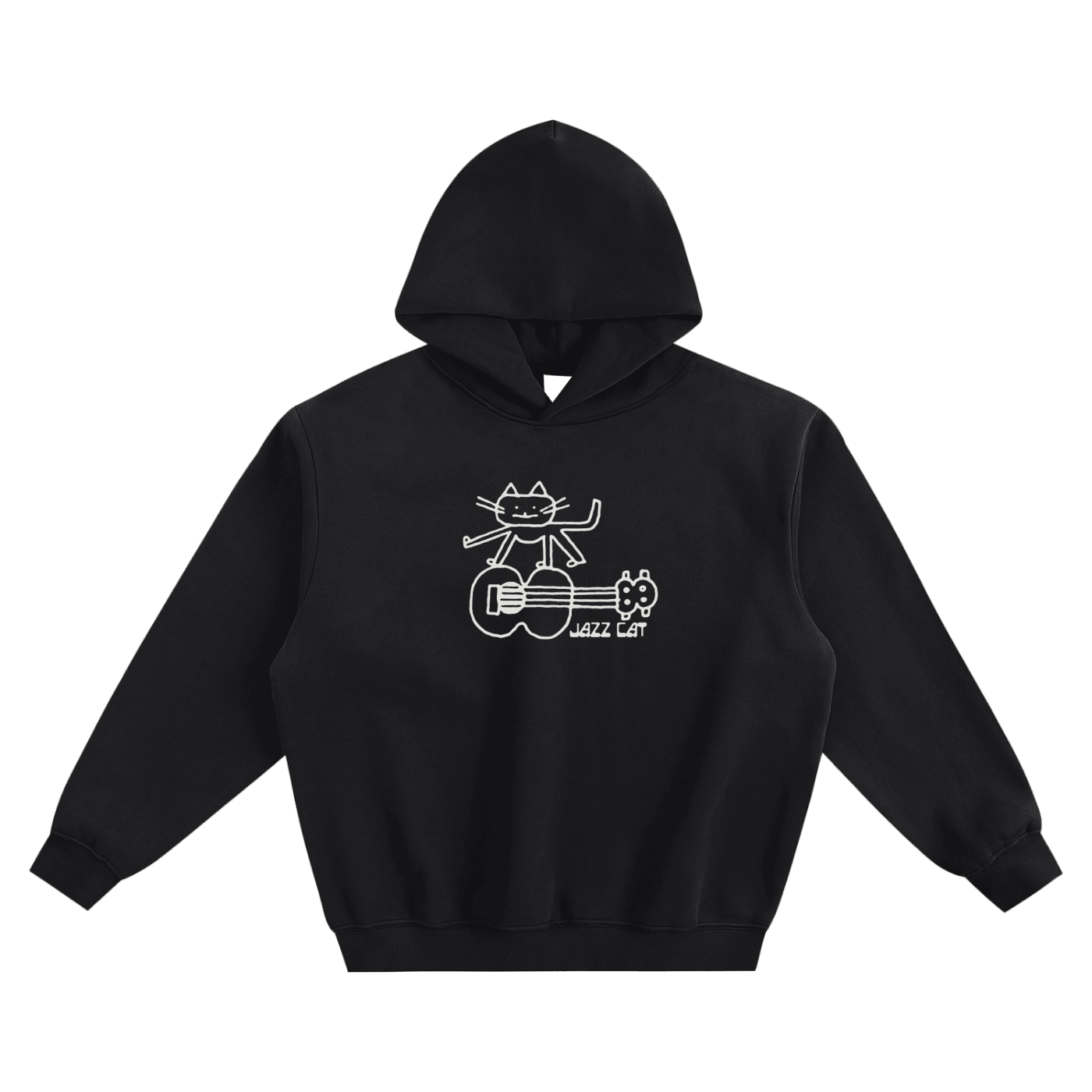 Jazz Cat (White Print ) - Guitar Stand - Fleeced Boxy Hoodie - Black - Marcello Velho