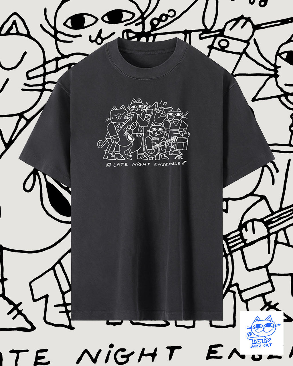 Late Night Ensemble Black Heavyweight Tee - Jazz Cat - Marcello Velho