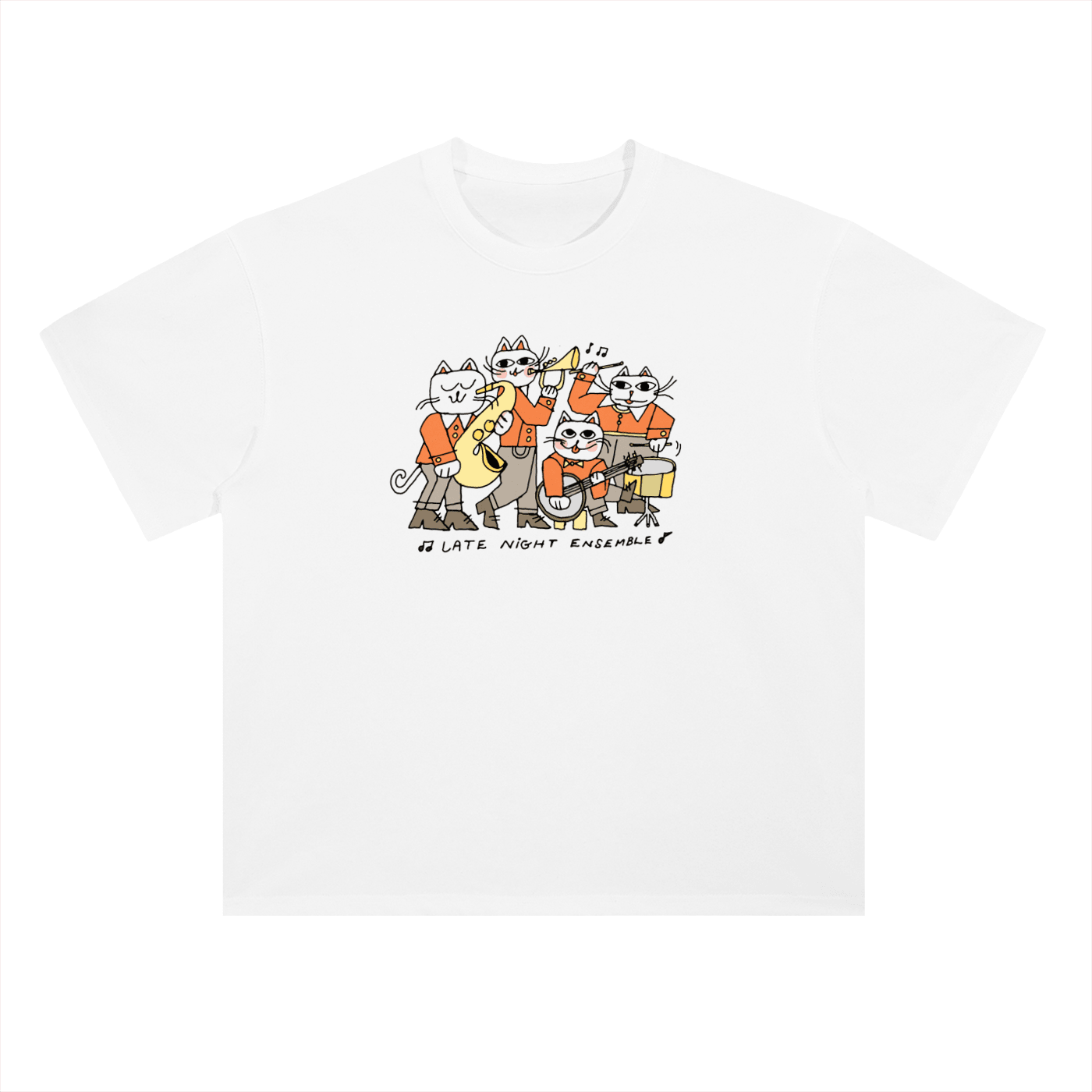 Late Night Ensemble White Heavyweight Tee - Jazz Cat - Marcello Velho