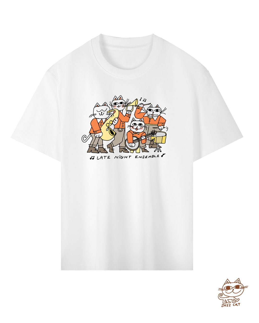 Late Night Ensemble White Heavyweight Tee - Jazz Cat - Marcello Velho