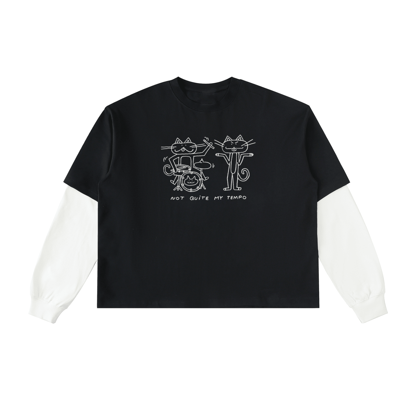 Not Quite Tempo - Black - Layered Contrast Sleeve Cotton T-Shirt - Marcello Velho